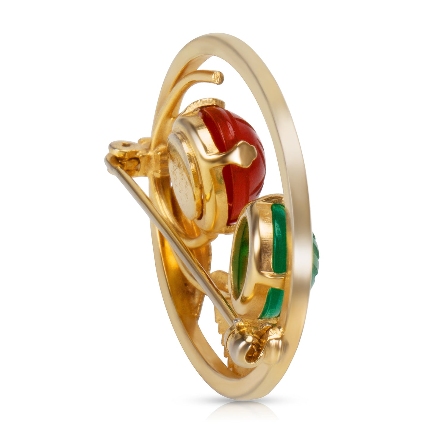 12K Gold Filled Burt Cassell Mid-Century Vintage Jade & Carnelian Scarab Brooch