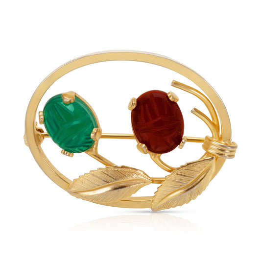 12K Gold Filled Burt Cassell Mid-Century Vintage Jade & Carnelian Scarab Brooch