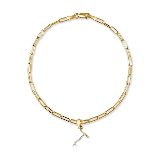 14k Gold & Diamond Initial "T" Link Bracelet